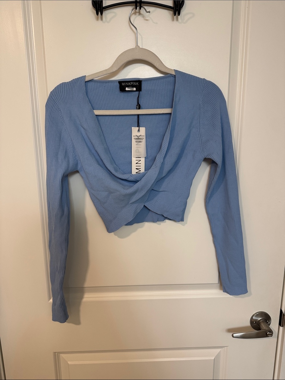 MINKPINK Light Blue Ribbed Draped Crop Top